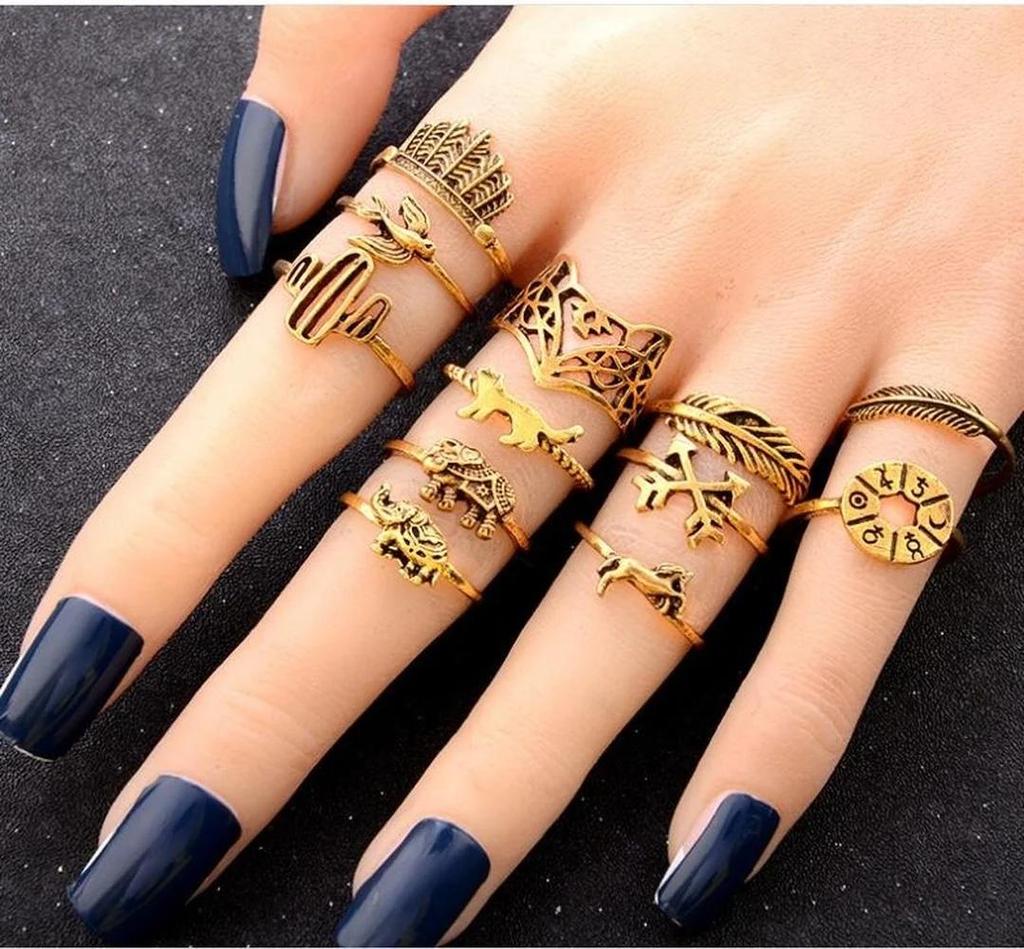 12 stk Gotisk Elefant Rev Kaktus Finger Knokeringer Sett for Kvinner Tre Blad Geometrisk Pil Ringer Smykker
