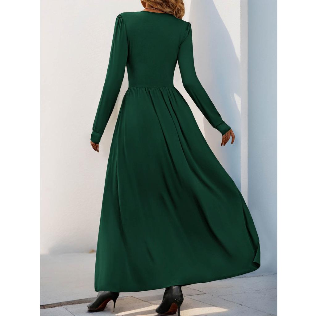 Vestido Feminino da Moda Casual Cor Sólida Renda Decote V Ajustado Manga Longa