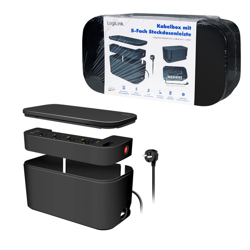 Cable Box with 5-Way Power Strip, 3x USB, 285x145x13 mm, Black