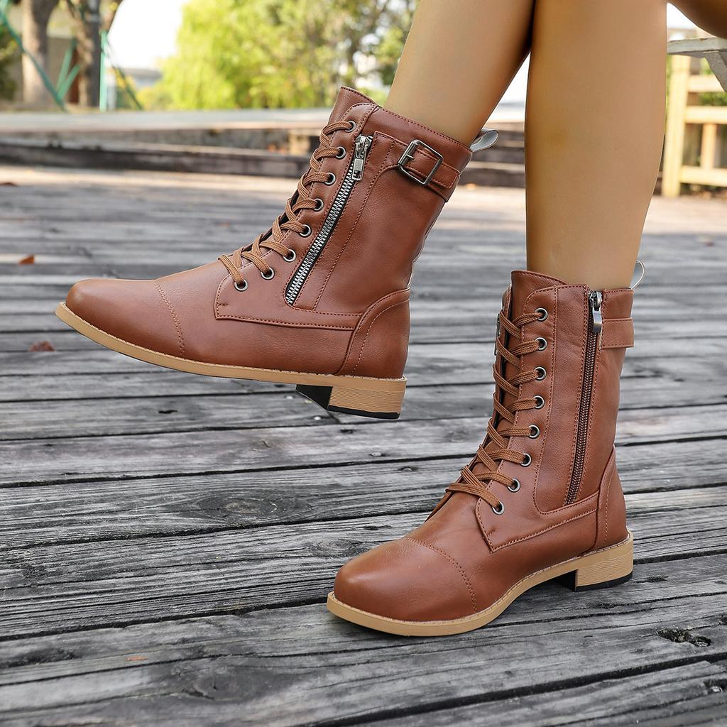 Large Size European Beautiful Women's Boots Autumn and Winter New Belt Buckle Low Heel Martin Boots Medium Boots Women