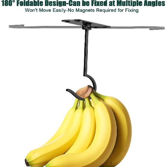 Banana Hook Under Cabinet, Foldable Metal Banana Hanger to Keep Bananas Fresh, Banana Holder Under Cabinet for Bananas or Other Kitchen Items (Black)