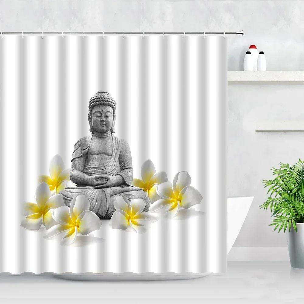 Zen Green Bamboo Shower Curtains Stone Buddha Lotus Candle Asian Japanese Spa Garden Scenery Bath Curtain Fabric Bathroom Decor