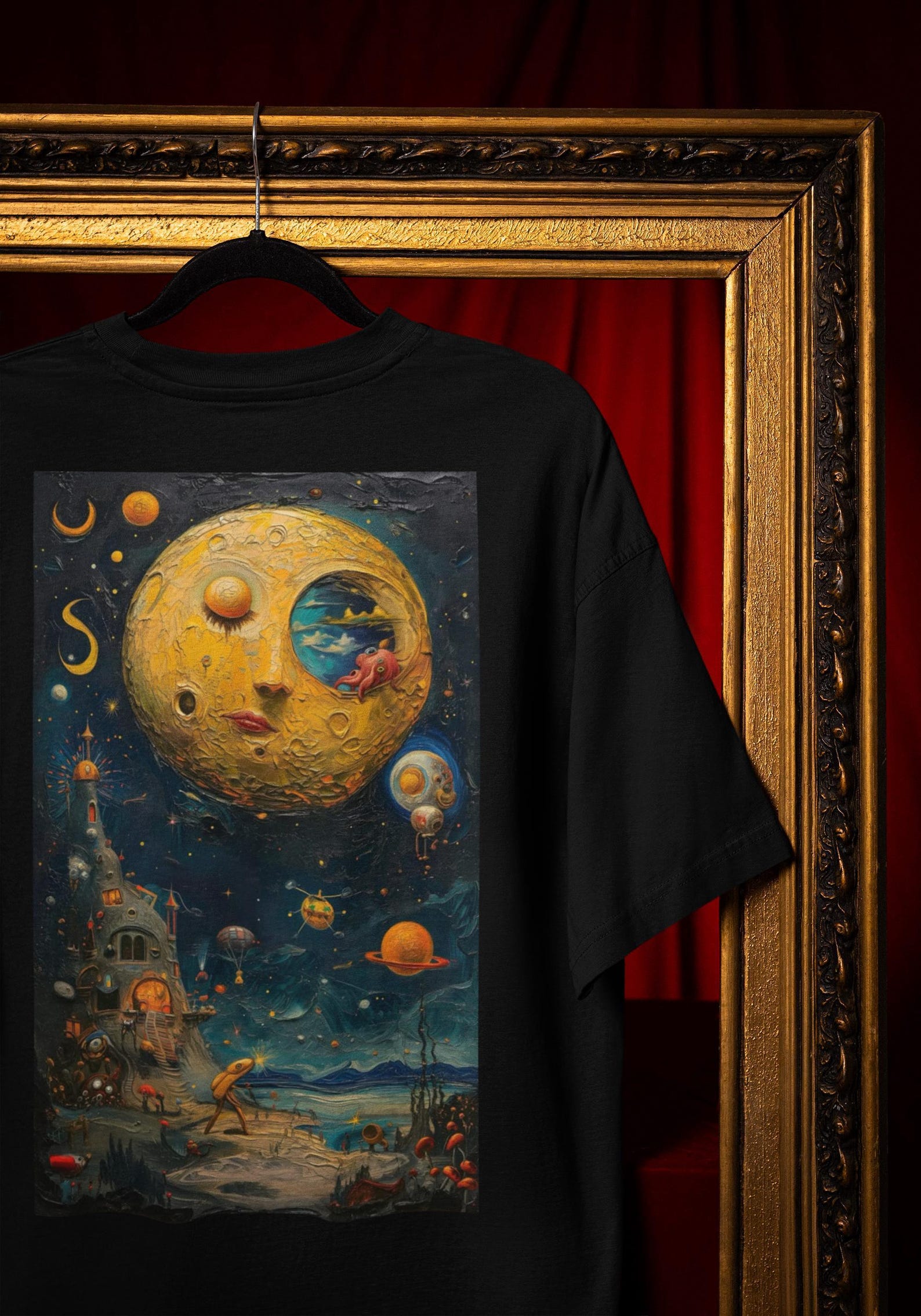 Surreal Moon Face T-Shirt: Whimsical Cosmic Dreamscape Art Comfort Colors® S