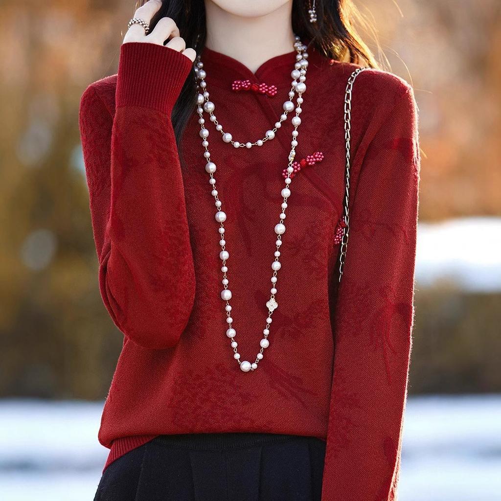 Chinese-style Knitted Sweater, Women's Button-up Floral Jacquard Stand-up Collar Spring Retro Base Layer