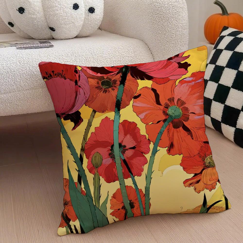 Painted Flowers Cushion Cover Throw Pillow Cover Hidden Button Durable Polyester Chair Cushion
