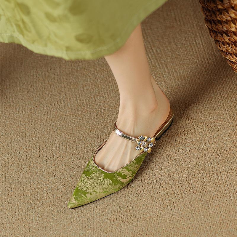 

Low Heel Pointed Toe Thin New Chinese Style Word With Outside Wear Bag Head Half Shoes Women S Summer Cool Slippers 42 зелений