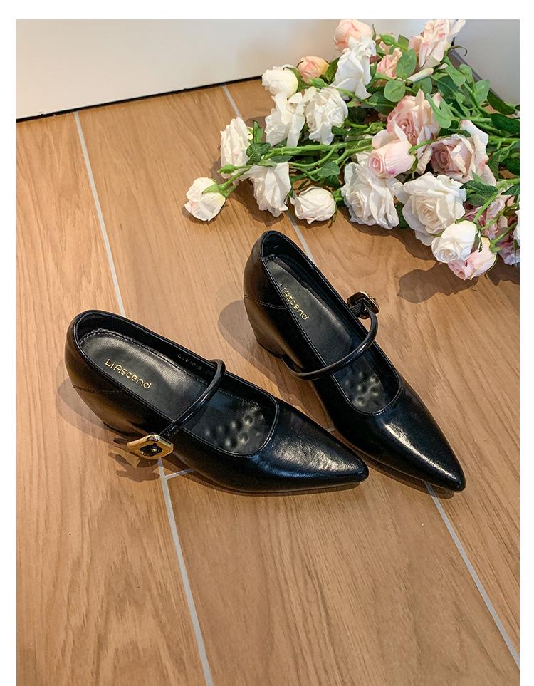 9cm Height-Increasing Patent Leather Mary Jane Shoes for Petite Women - Pointed Toe, Single Strap Design 35 чёрный