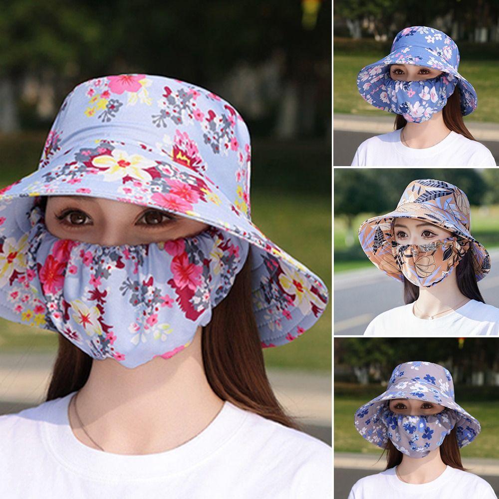 Fashion Floral Tea Picking Cap Wide Brim Anti-UV Agricultural Work Hat Neck Protection with Mask Sun Visor Cap for Women