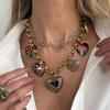 Salircon Vintage Luxury Colorful Alloy Heart Pendant Women Double LayerEnameled Flower Applique  Trendy Accessories Jewelry