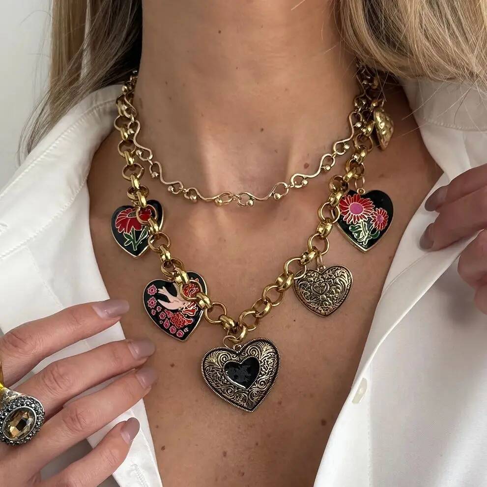 Salircon Vintage Luxury Colorful Alloy Heart Pendant Women Double LayerEnameled Flower Applique  Trendy Accessories Jewelry