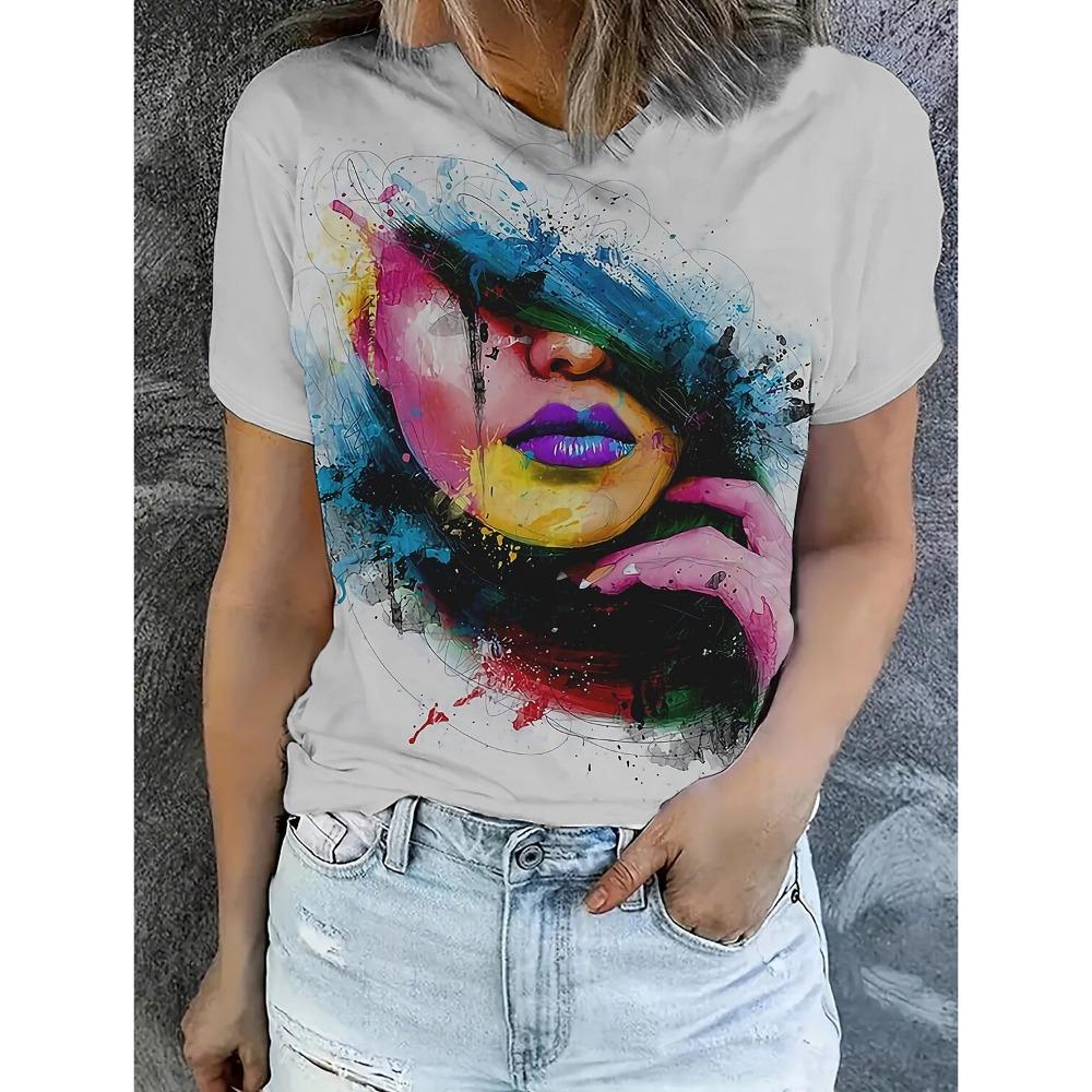 Fashionable Women's Abstract Patterns 3D Printed Women's Facial Features Casual Short Sleeved Round Neck T-shirt Regular Top