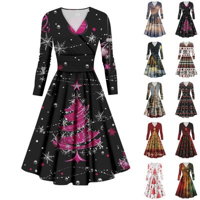 Vestido sexy con cuello en V y manga larga con estampado navideño informal y moderno para mujer
