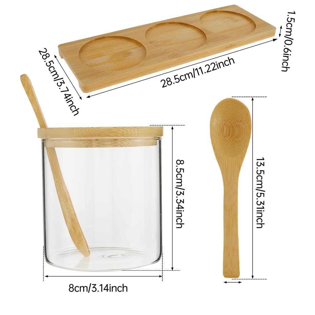 Kitchen Glass Condiment Jar Set Wood Lid with Tray Spoon Clear Spice Salt Container Dust-Proof Coffee Beans Organizer Bottle