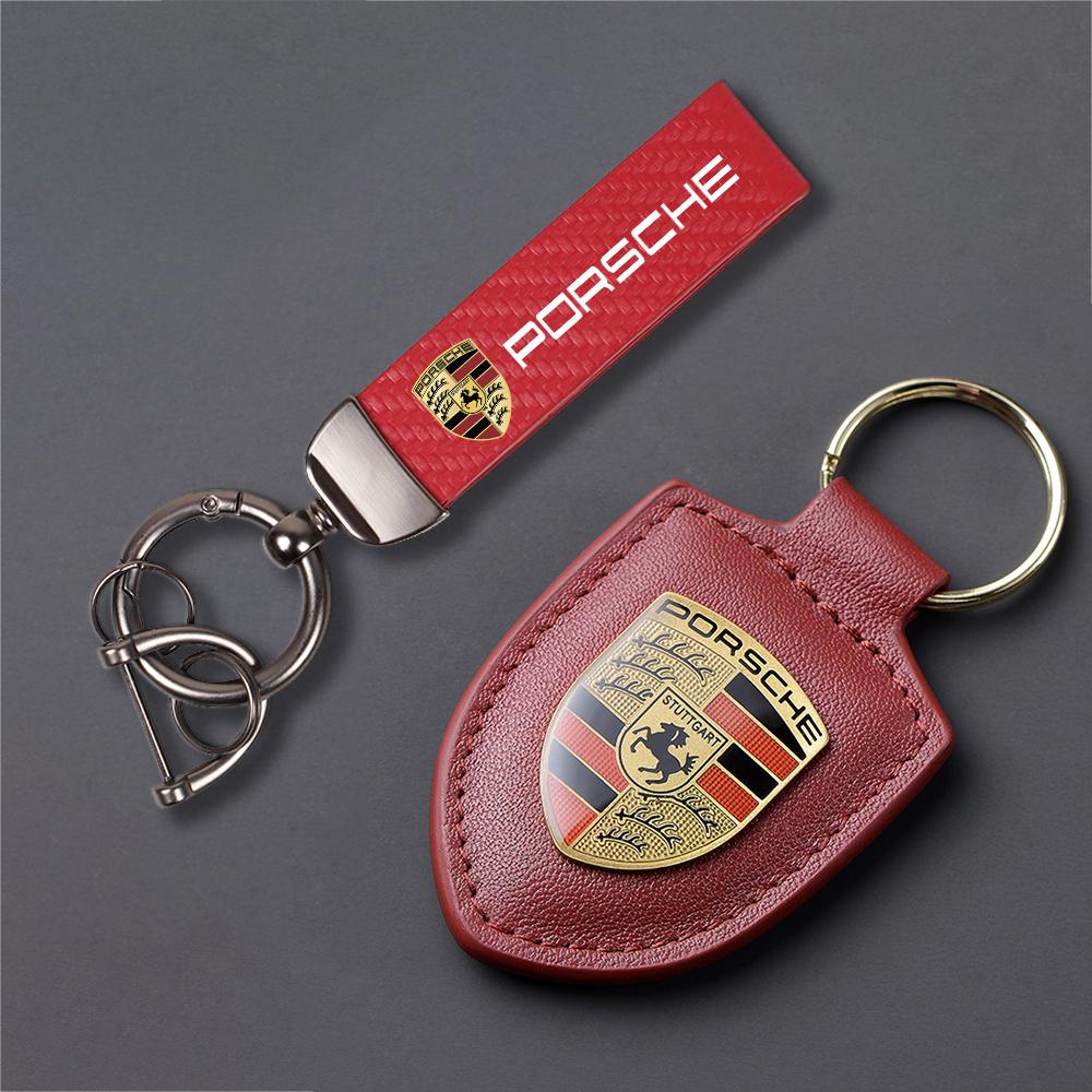 Kožený kľúčenka s emblémom Car Shield, kľúčenka z uhlíkových vlákien pre Porsche 911 718 Taycan Panamera Cayenne Macan Boxster Cayman Pajun