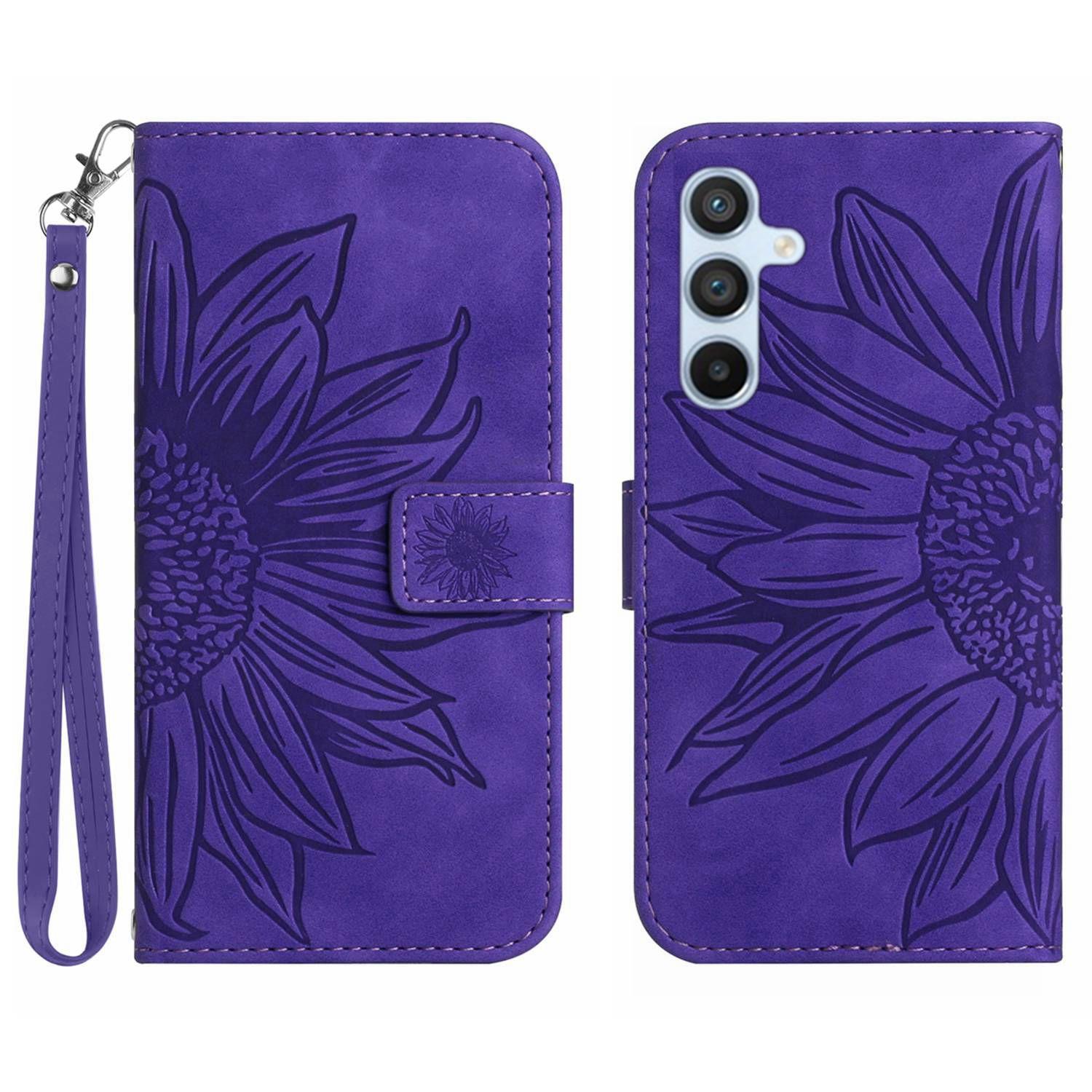 

HT04 For Samsung Galaxy S24 FE Case Sunflower Phone Leather Cover with Hand Strap Dark Purple