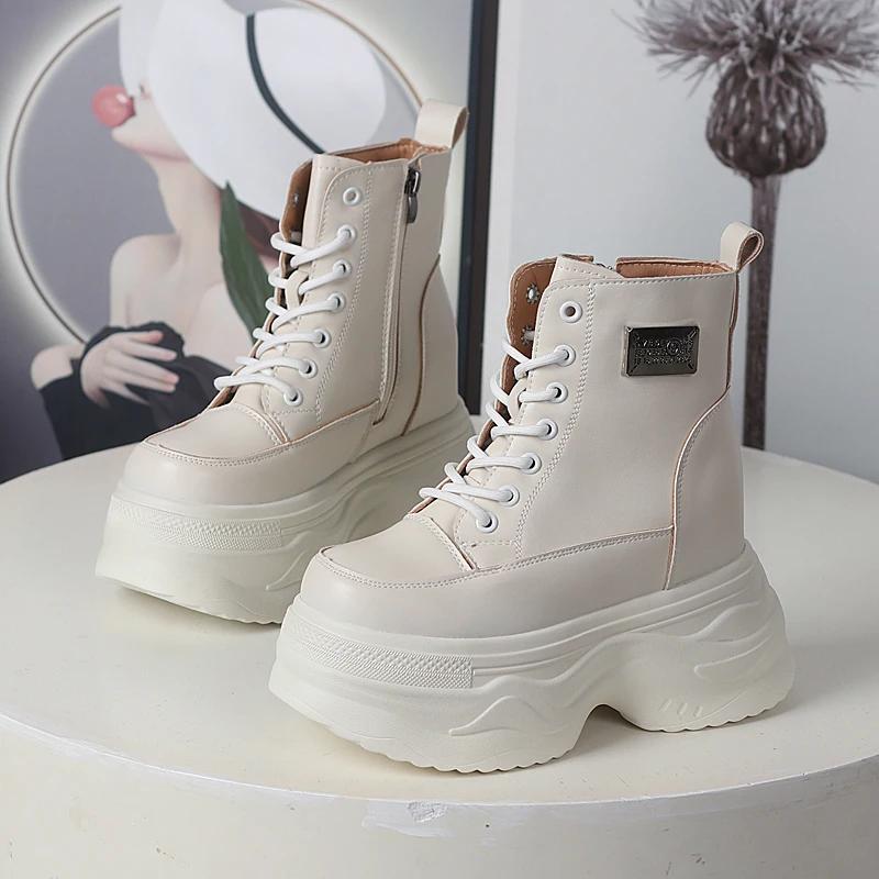 Fashion 12CM Microfiber Genuine Ankle Booties Chimney Shoes Genuine Leather Zipper Boots Women Autumn Motorcycle Spring Fashion