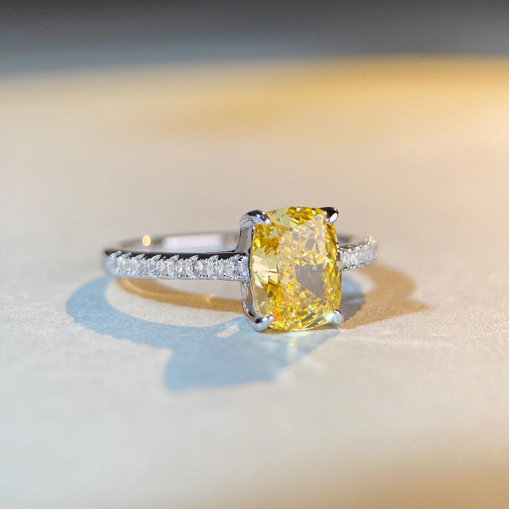 New S925 Sterling Silver Radiant-Cut Yellow Diamond Ring for Women - Hot Sale