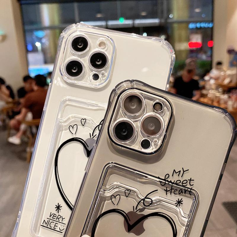 Card Holder Love Heart  Case For iPhone 11 13 16 Pro Max 14 15 12 7 8 Plus XR X Xs 16promax 13promax Card Slot Soft Funda Covers