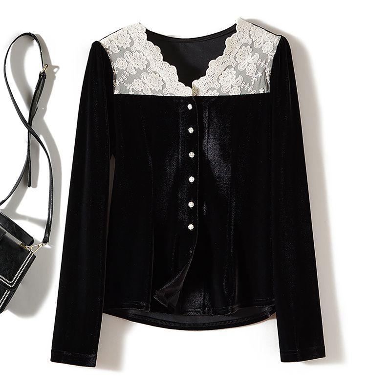 

Элегантная девичья однобортная рубашка из кружевной лоскутной ткани, имитирующая двухпредметный комплект, с длинными рукавами, весенне-осеннее пальто, мягкий клейкий нелиняющий вельвет White L