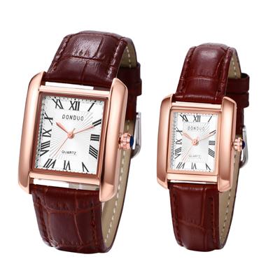 Couple's Watches, Roman Numerals, Analog Display, Square, Antique Design, Leather Strap, Stylish, Quartz Watch, Waterproof, Brown, Men's and Women's,