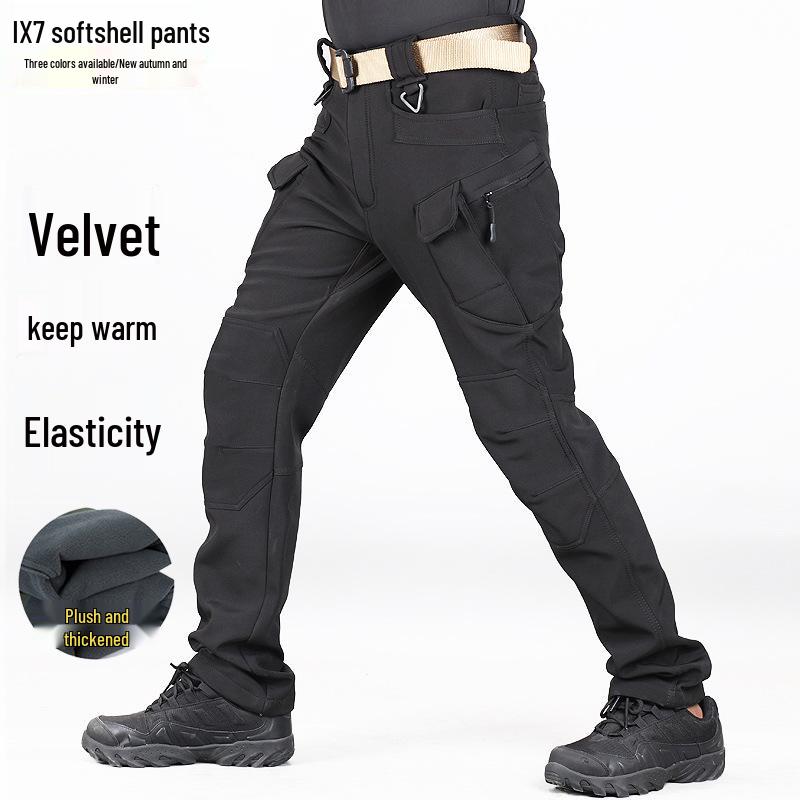 

Чоловічі вітрозахисні софтшел штани: Осінньо-зимовий лижний, багатокишеньковий, на флісовій підкладці, зносостійкий тактичний камуфляжний робочий одяг. Large