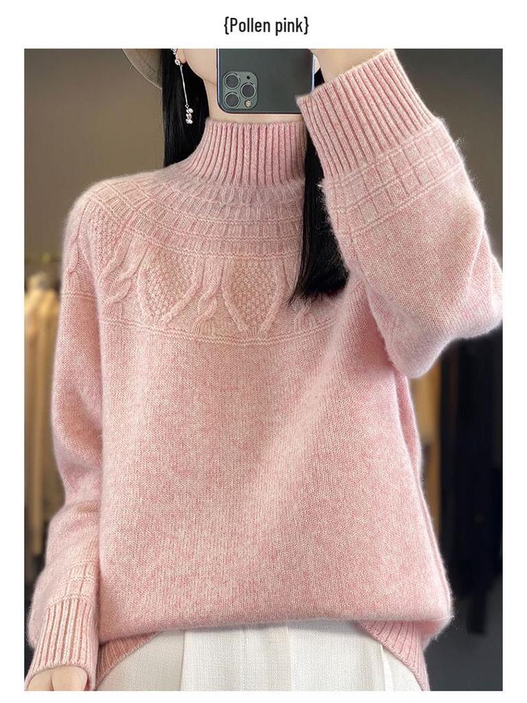 Women's Cashmere Sweater, 100% Wool, Semi-High Neck, Loose Fit, Perfect for Autumn and Winter.
