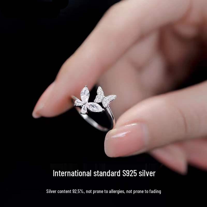 Beixi S925 Sterling Silver Butterfly Ring for Women - Unique Mori Style, Fashionable Open Design. Adjustable Open