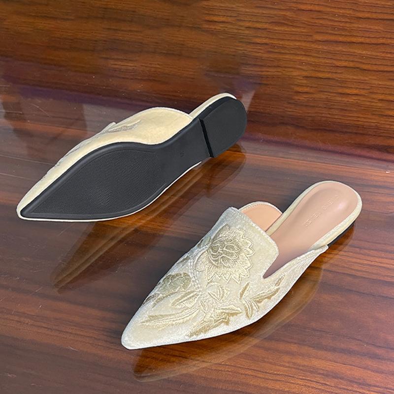 Бархатные вышитые цветочные мюли Женские элегантные туфли Остроносые закрытые тапочки Накладные балетки Слипоны Женские тапочки Сандалии 33EU/CN34 абрикосовый