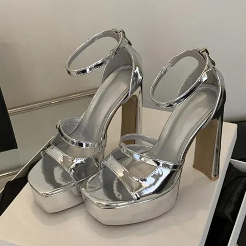 Fashion Luxury Patent Leather Platform Sandals Women 2025 Summer Zip Cover Strap Design Chunky High Heels Elegant Banquet Dress Shoes