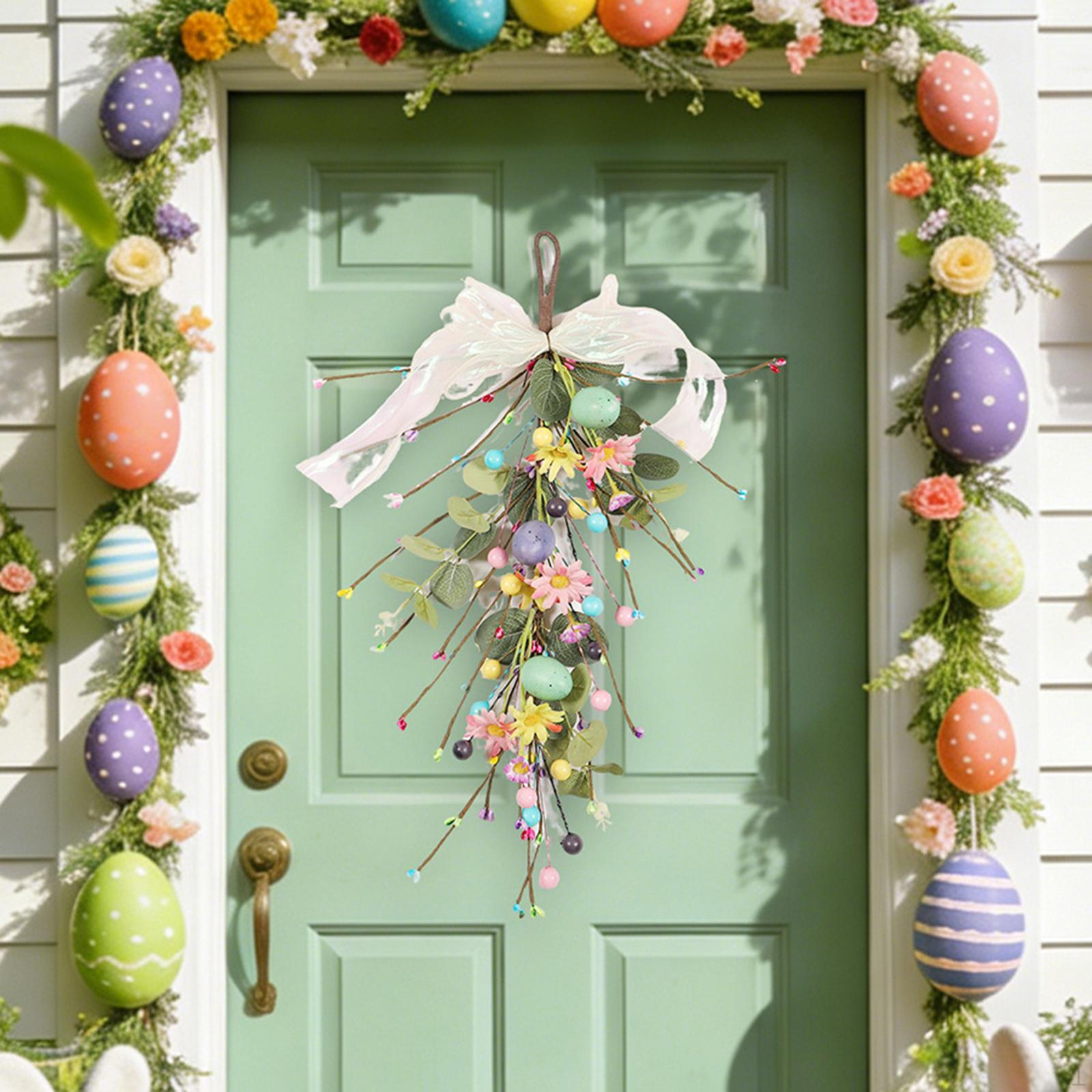 Artificial Easter Garland,Front Door Swag Ornament with Egg and Flower Teardrop Wreath