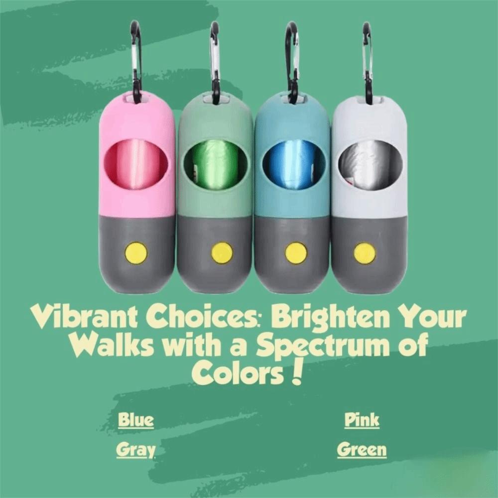 Tragbarer Kotbeutelhalter für Haustiere Metallkarabiner LED-Taschenlampe Spender Nachtspaziergänge