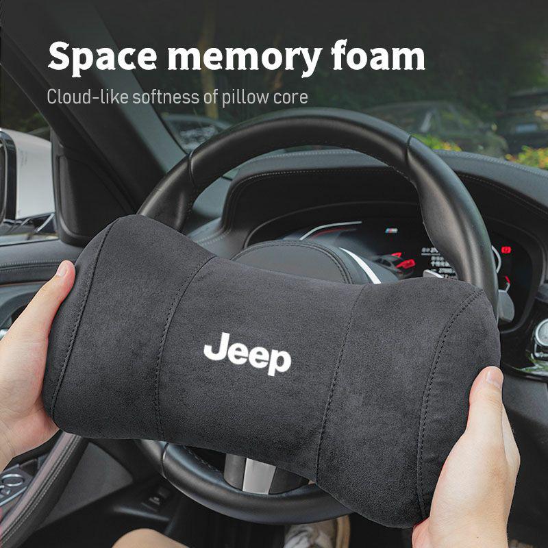 Car Suede Headrest Auto Logo Seat Neck Pillow Head Support For Jeep Grand Cherokee Wrangler JK Gladiator Compass Renegade Recon