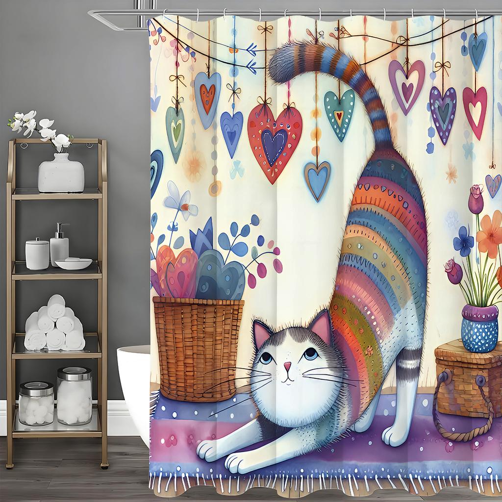 Cute Cat Love Flower and Grass Collage Art Shower Curtain, Bathroom Decorative Shower Curtain, Waterproof Shower Curtain with Ho