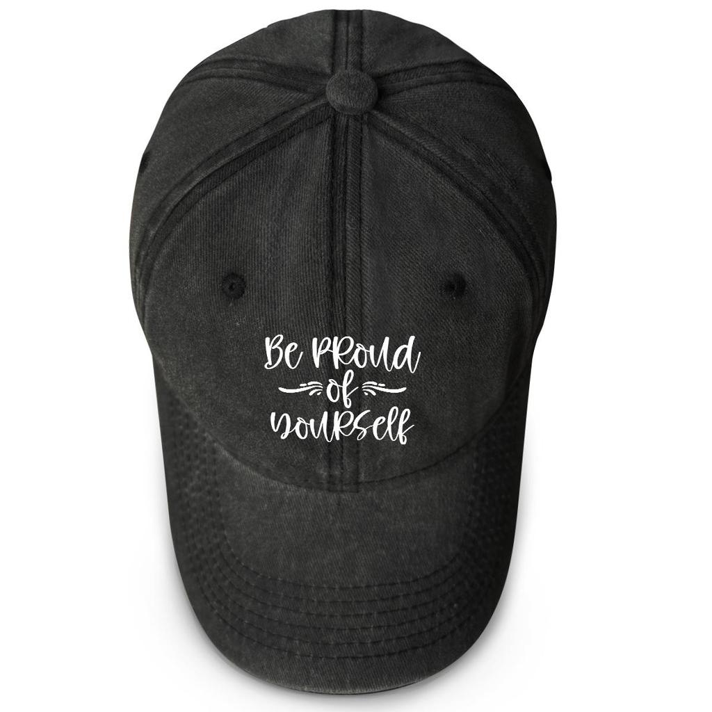 Be Proud of Yourself" Print Snapback Sun Hat, Trucker Hat Adjustable Buckle Headwear Raw Brim Non-Stretch Fabric Snapback Baseball Cap