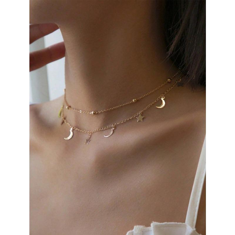 Simple Double Layer Moon Star Pendant Clavicle Necklace For Women