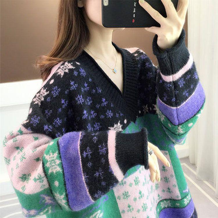 Sweater for Women Winter Oversize Stretchy Thickened Pullover Warm Knitted Striped V Neck Long Sleeve Jumper Tops