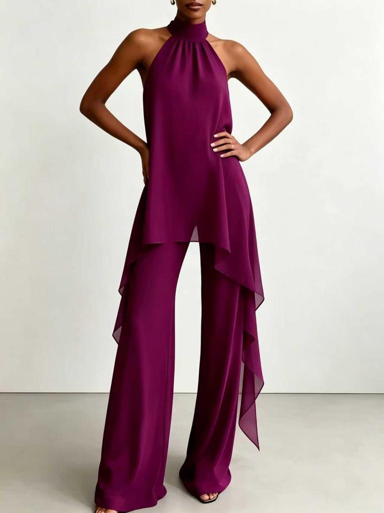 Cross-border special supply of European and American style neck off-the-shoulder chiffon top wide-leg pants set, temperament thin and drape two-piece 