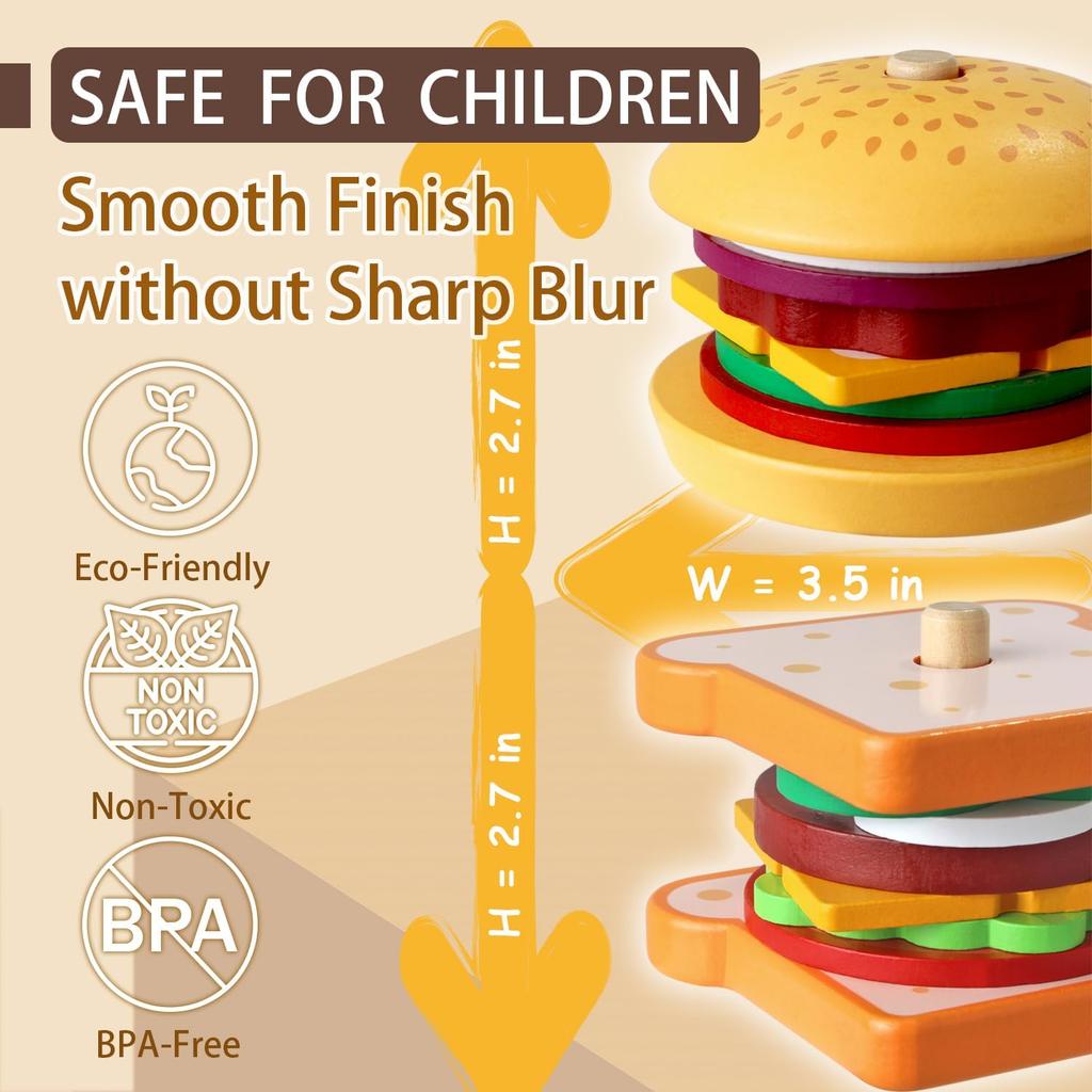 Toddler Montessori Pretend Play Toy Food SET, Stacking Wooden Building Blocks Educational Puzzles Games for Preschool Classroom