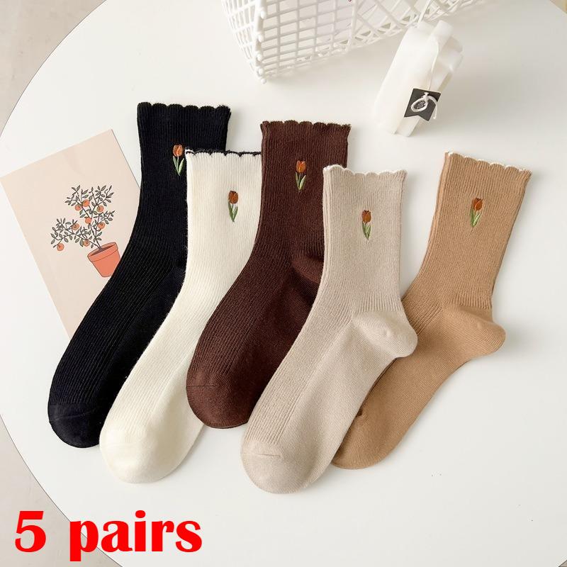 3 par Dame Høst Sokker Blomsterbroderi Japansk Kawaii Søte Sokker Koreansk Stil Ensfarvet Harajuku Vintage Crew Socks