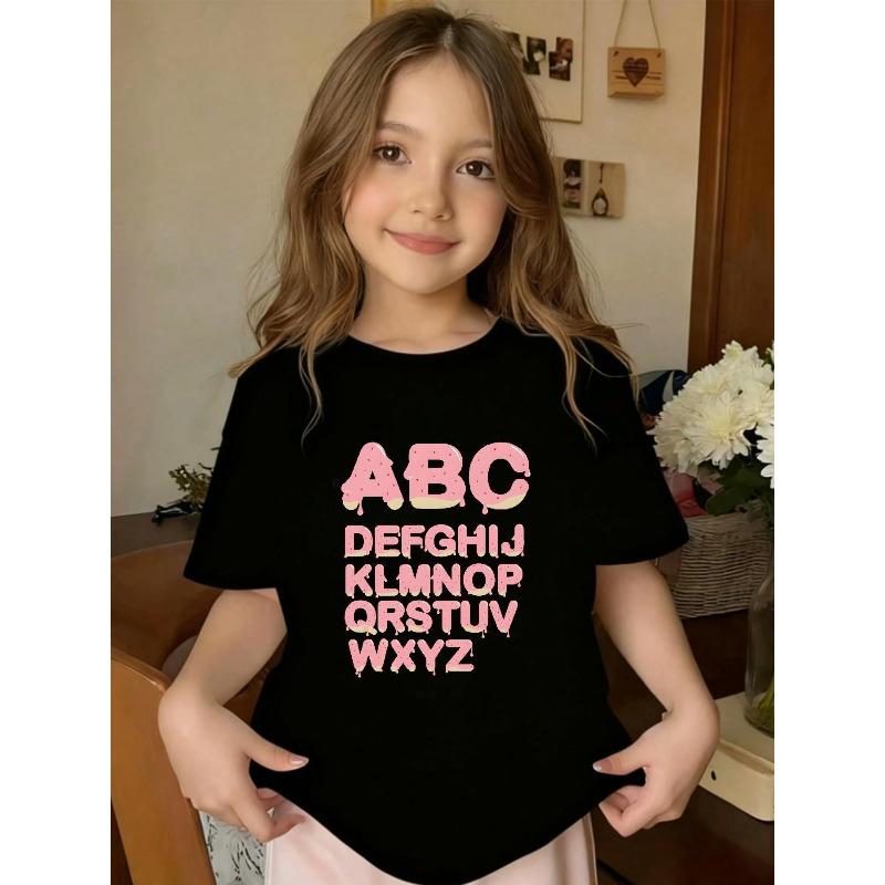 

European Size Girls Round-neck Short-sleeved T-shirt with Cute Cartoon Letter Print 98cm чёрный