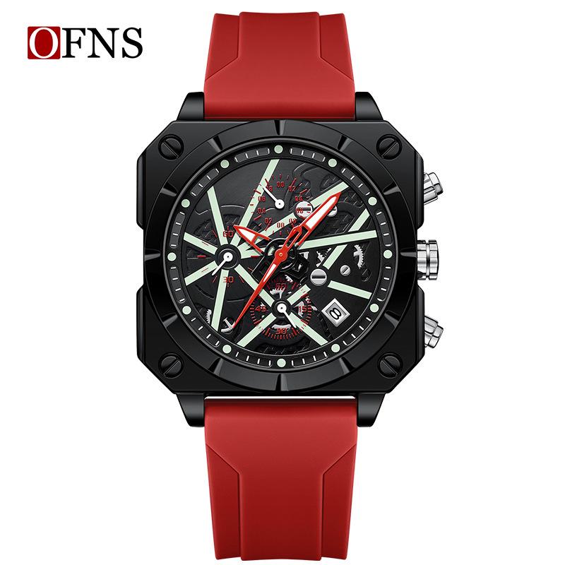 OFNS Men's Six-Needle Chronograph Quartz Watch with Luminous Bar Markers, Square Face, Waterproof, and Calendar.