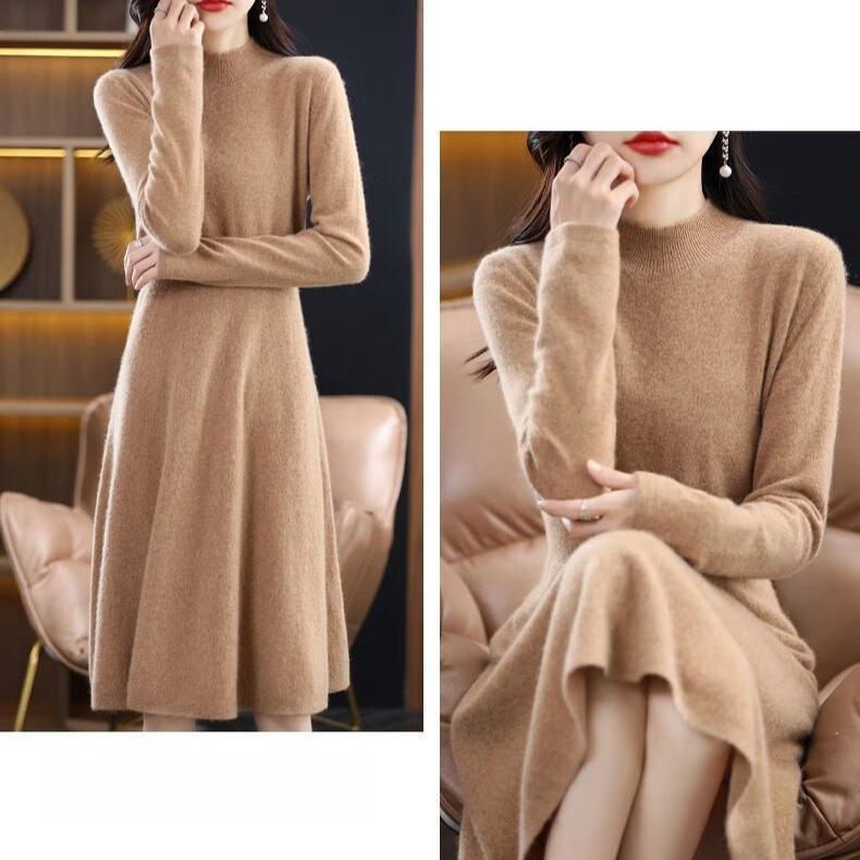Knee-length Sweater Dress Women's Half Turtleneck Knitted Long Dress Slimming Mid-length Knitted Sweater for Autumn and Winter