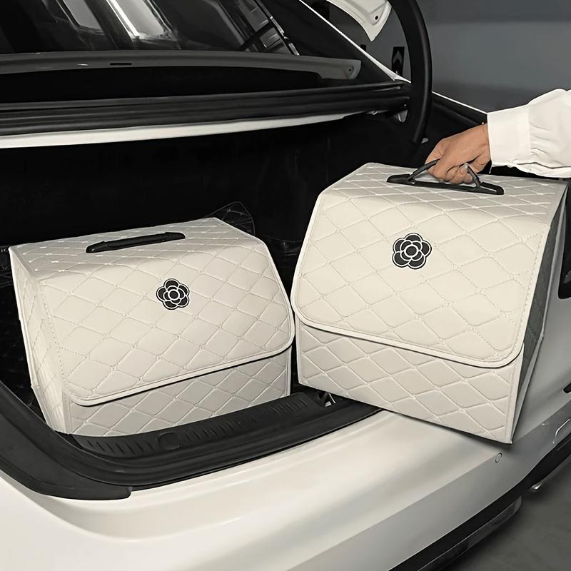 1pc Camellia Fashion Car Trunk Organizer, White Diamond Pattern with Handle and Camellia Logo