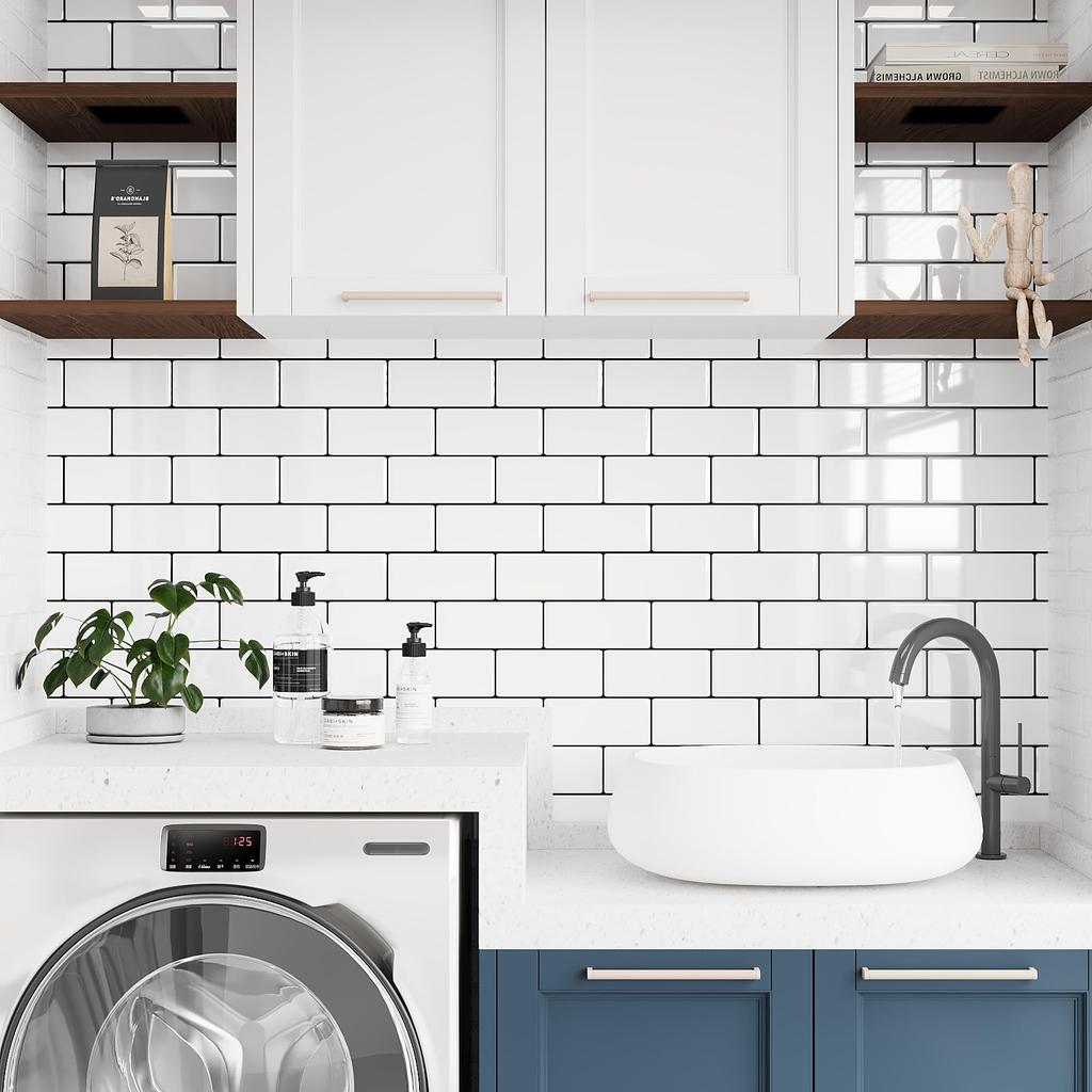 VEELIKE Waterproof Kitchen Tile Stickers, Heat Resistant, 6 Sheets, 30x30cm, Brick Pattern, White, Glossy, 3D Wallpaper Stickers, Wall Stickers, Mosai