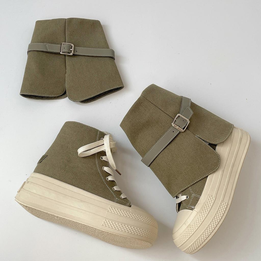 Retro white lace-up thick-soled high-top canvas shoes for women's autumn new heightening white shoes casual sports shoes