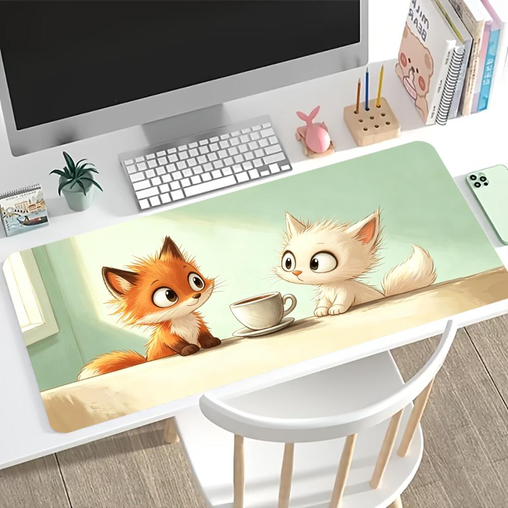 Cute Fluffy Black Cat Print Extended Desk Mat Non Slip Rubber Stitched Edge Gaming Keyboard Table Mat For Office Laptop Gamer