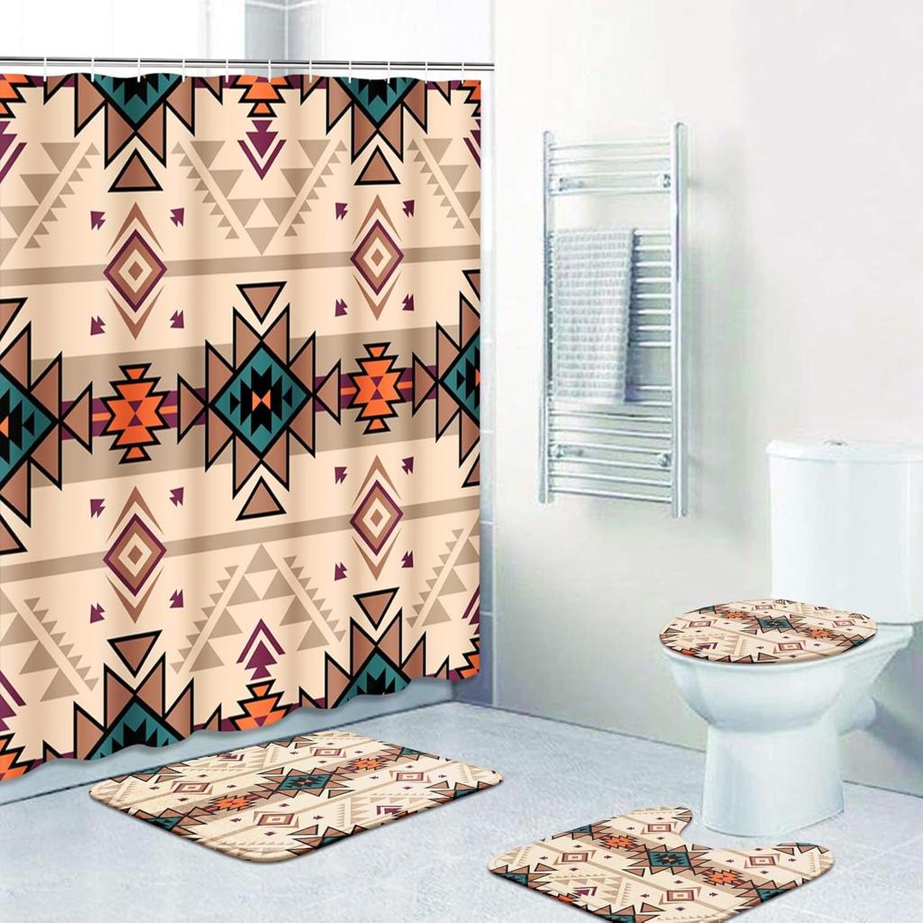 ArtSocket African Boho Retro Bathroom Set with Shower Curtain and Rugs Accessory, Traditional Rhombus Summer Colorful Abstract Shower Curtain for