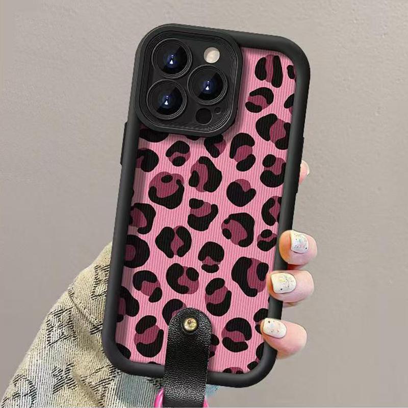 Pouzdro na telefon s řemínkem na zápěstí s potiskem růžové leoparda pro iPhone 17 16 Pro Max Pouzdra iPhone 17 Air 16e 15 14 13 12 11 XS X XR 7 8 Plus Kryt