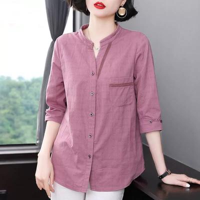 Summer Cotton Linen Fashion Casual Vintage Plaid 3/4 Sleeve Oversized Comfortable Simple Shirt Blouse Female Loose Top
