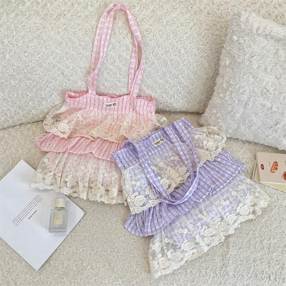 New popular plaid color matching lace single shoulder underarm bag large capacity tote bag portable cloth bag